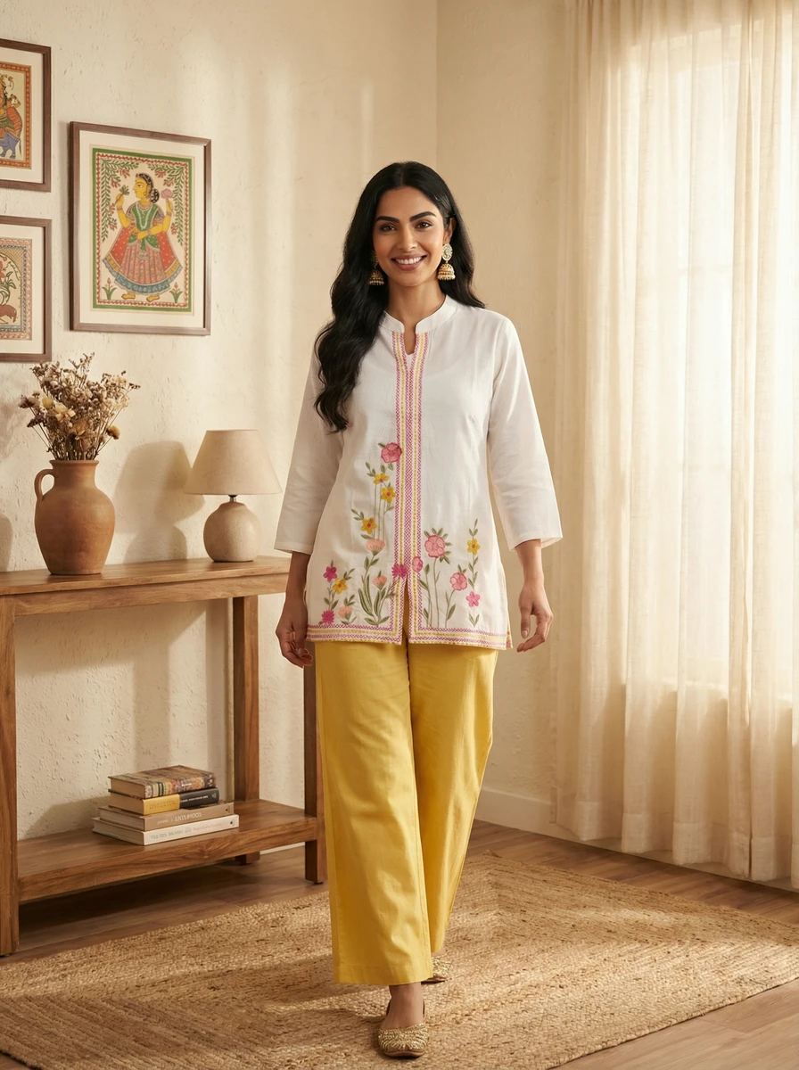 Model standing in a room wearing a white embroidered tunic top paired with solid yellow trousers.