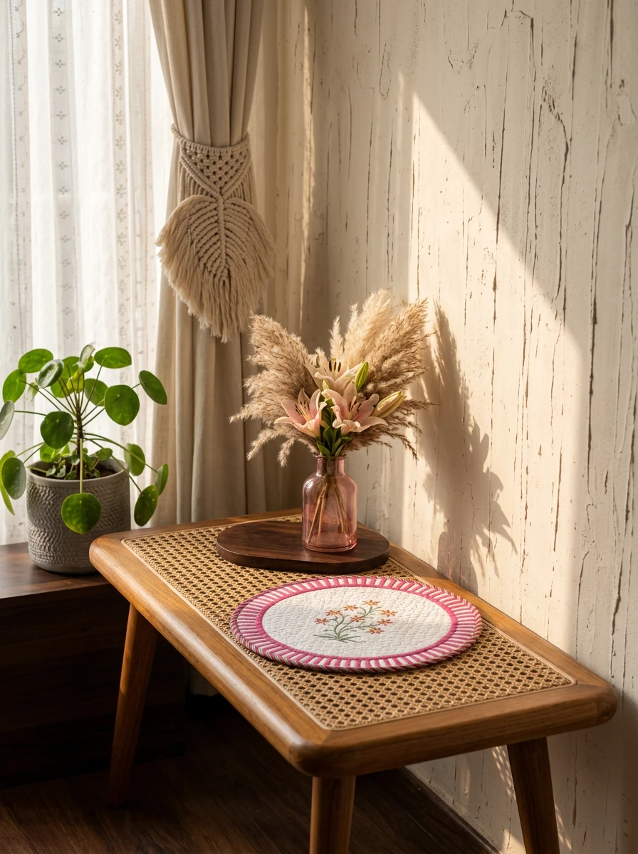 A round quilted placemat with pink stripes and floral embroidery sits on a wooden woven bench next to a vase of dried flowers.