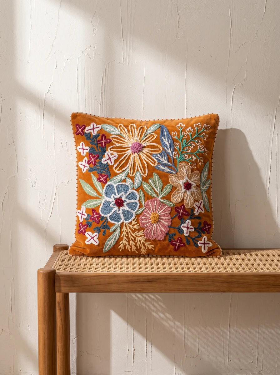 Orange velvet cushion with colorful floral embroidery sitting on a wooden rattan bench against a white textured wall.