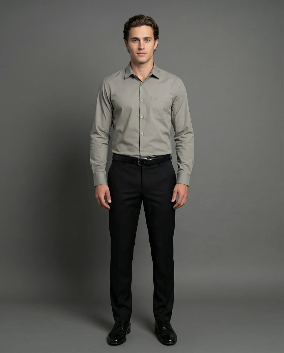 A man wearing a grey long-sleeve button-down shirt and black trousers against a neutral grey studio backdrop.