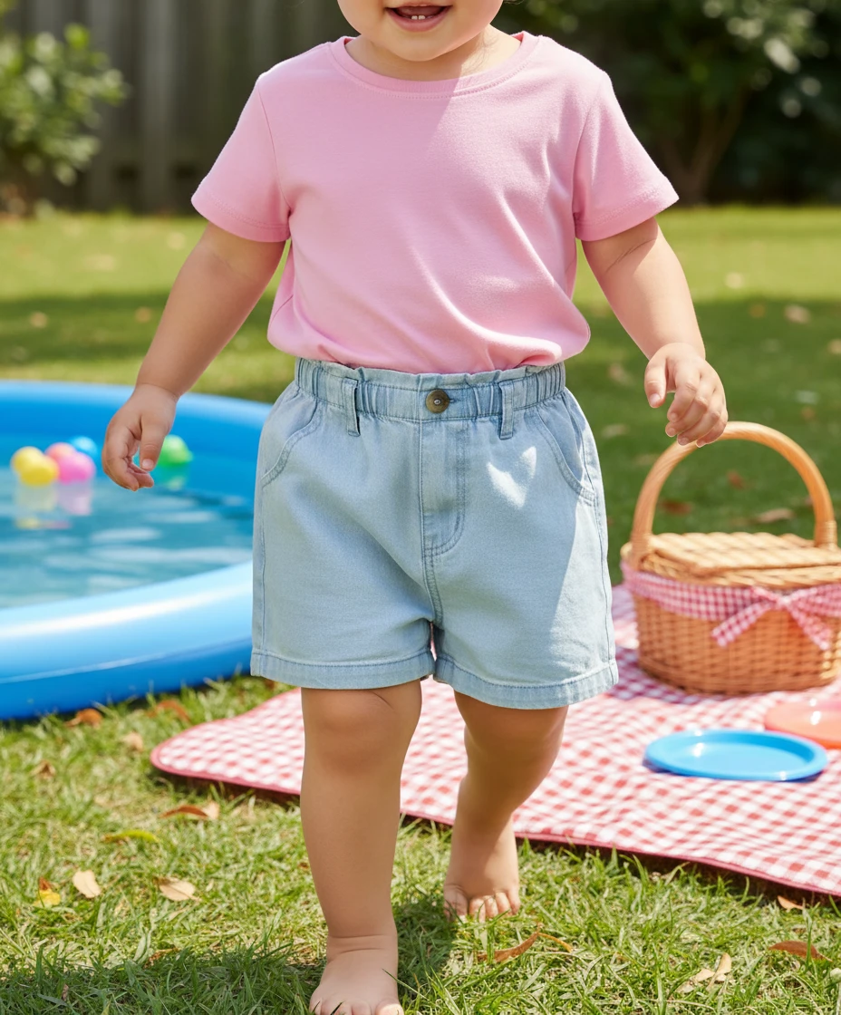 Toddler wearing a solid pink t-shirt and light blue denim shorts outdoors on grass next to a picnic blanket.