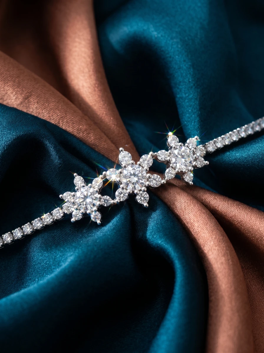 Outdoor AI photoshoot of a diamond tennis bracelet on draped fabric, for a bracelet brand selling on marketplaces
