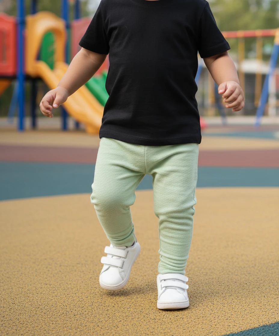 Toddler walking outdoors in a black short-sleeve t-shirt, light green pants, and white sneakers at a playground.