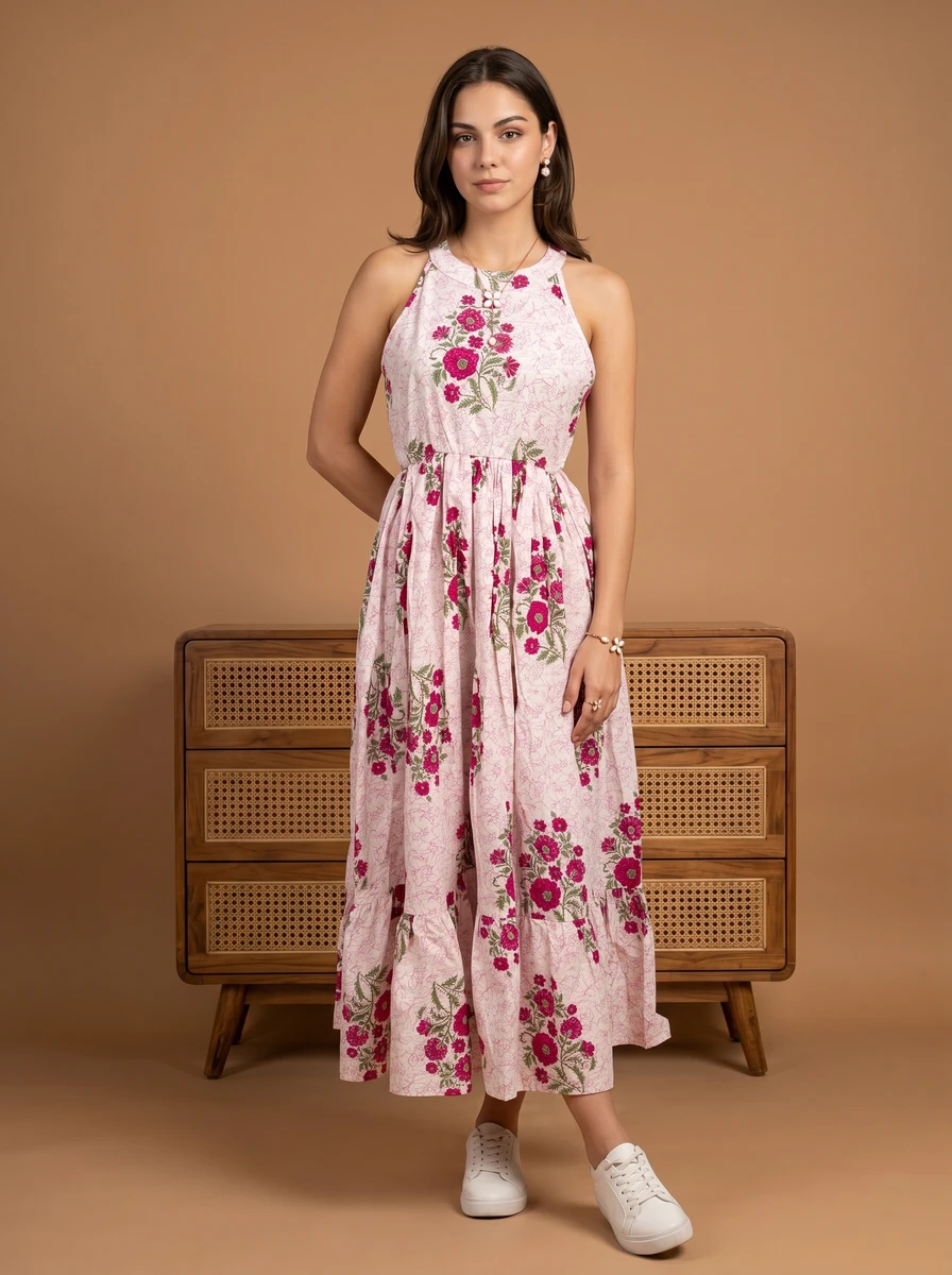 Model standing in a pink floral sleeveless maxi dress with white sneakers against a warm brown backdrop.