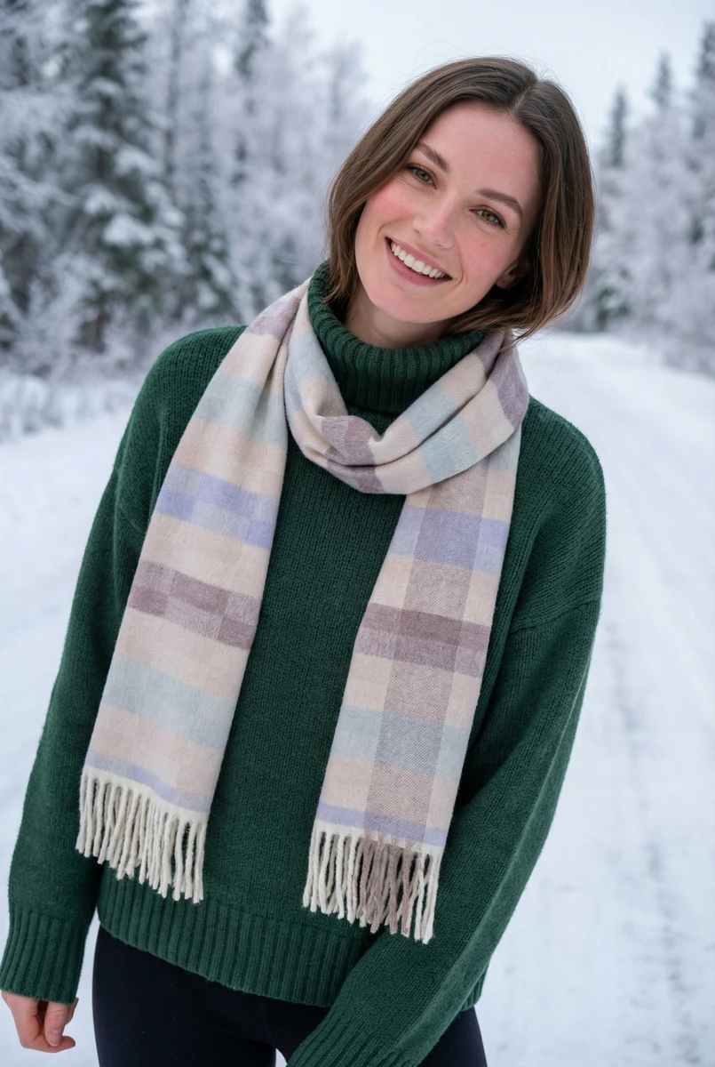 A smiling woman wearing a dark green turtleneck sweater and a pastel plaid fringed scarf outdoors in a snowy forest.