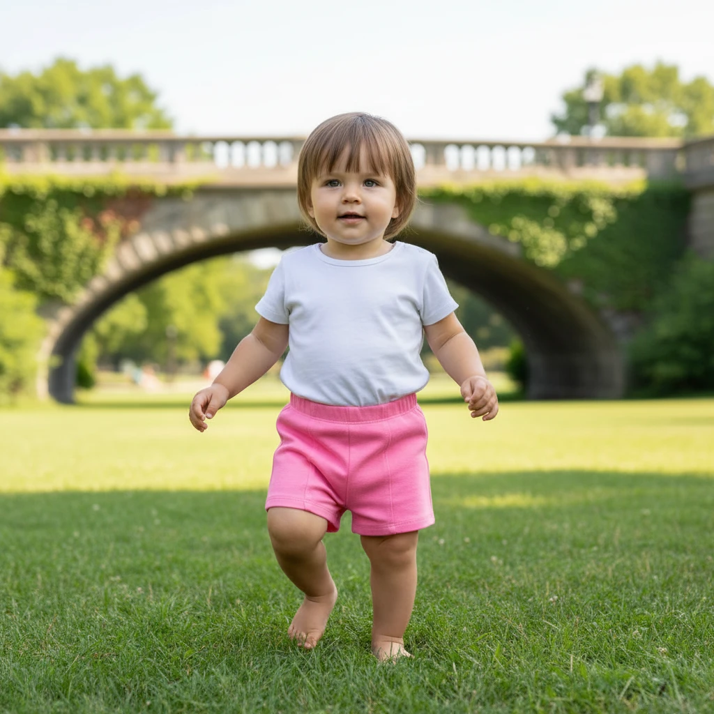 A young toddler wearing a white short-sleeve t-shirt and pink shorts walking barefoot on green grass outdoors.