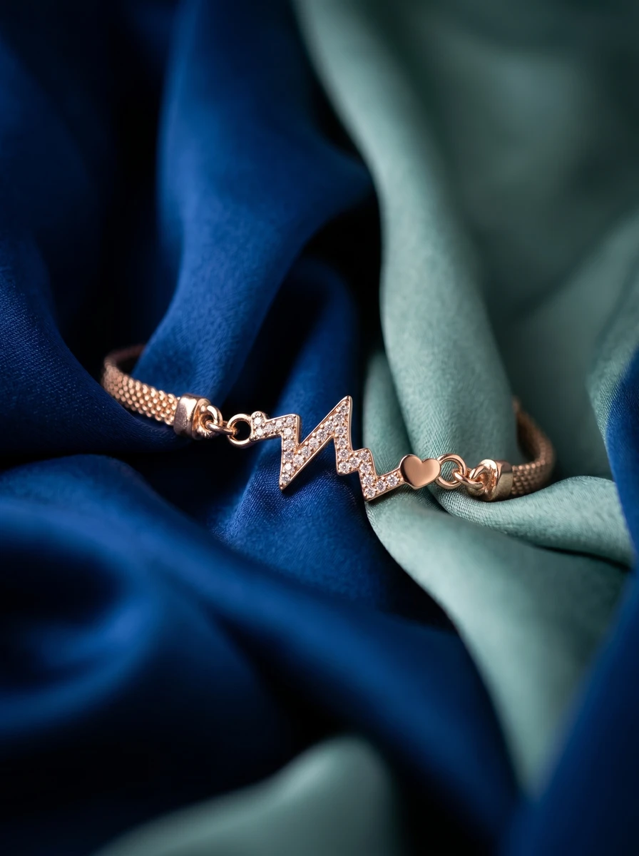 Outdoor lifestyle AI photoshoot of a crystal bracelet on fabric, for a bracelet brand selling on marketplaces