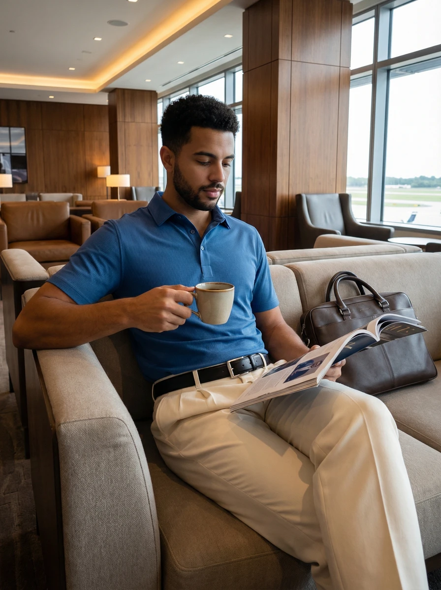 Man wearing a blue polo shirt and white trousers sitting in a lounge holding a coffee cup and reading.