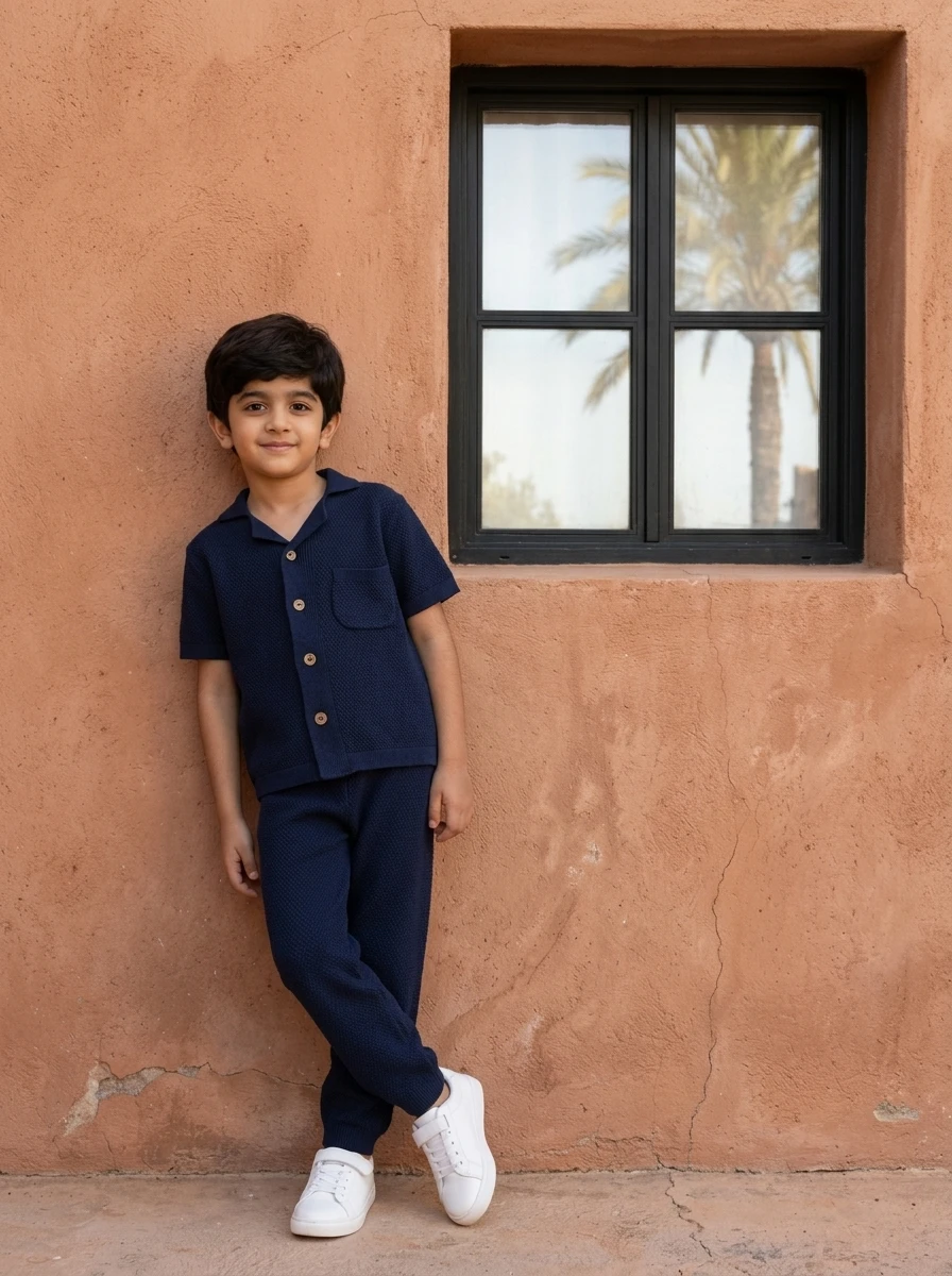 Young boy wearing a navy blue knit short sleeve shirt and matching pants, leaning against a textured terracotta wall.