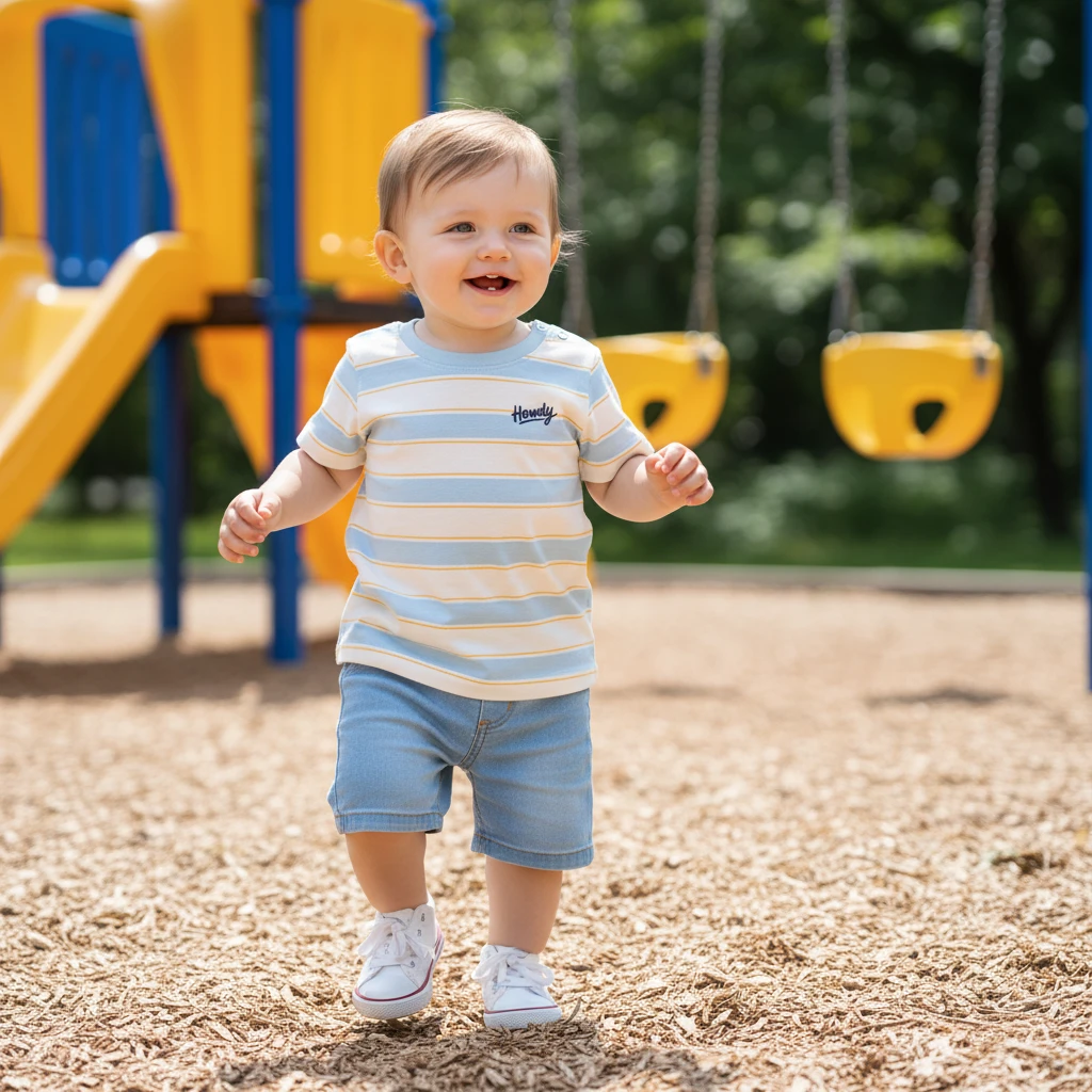 Toddler wearing a light blue and white striped t-shirt and denim shorts playing at a sunny outdoor playground.