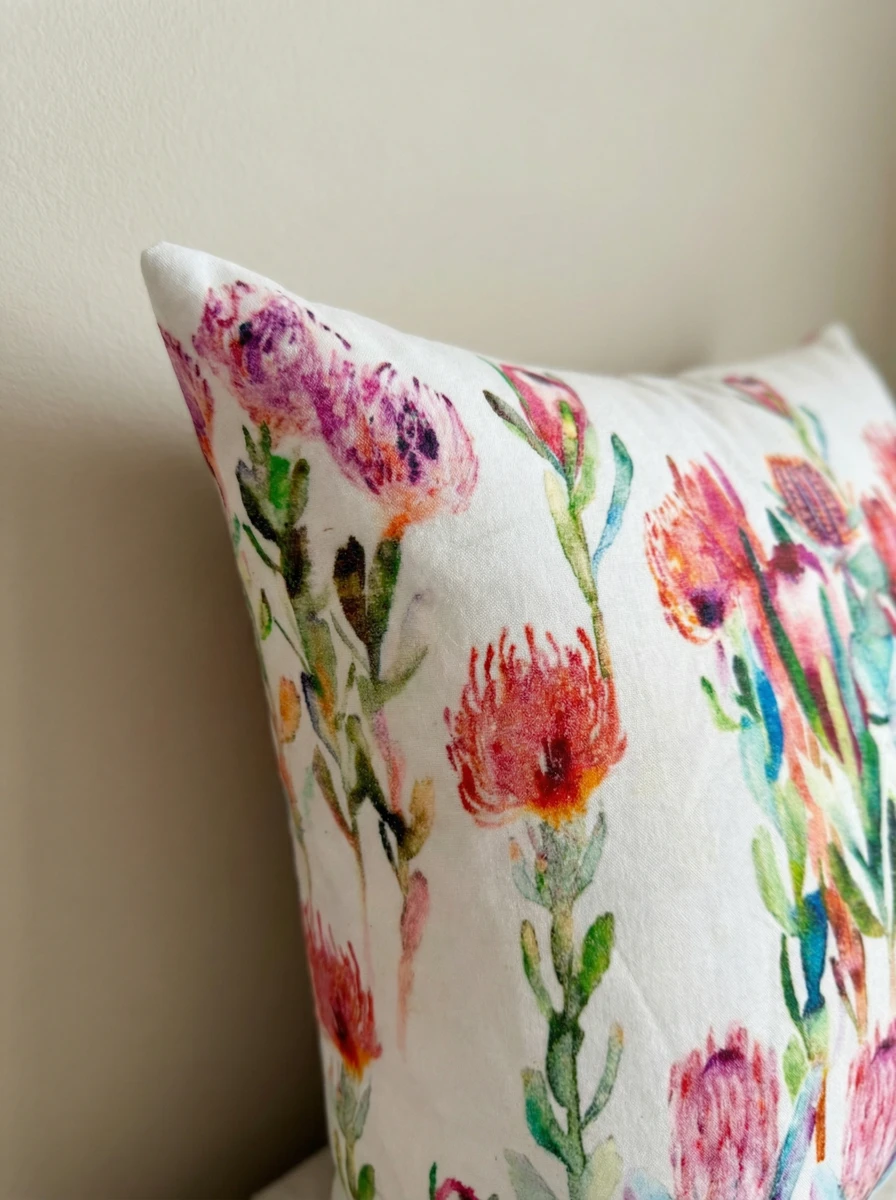 Sanskruti decorative cushion featuring a vibrant watercolor print of pink and orange protea flowers on a white fabric.