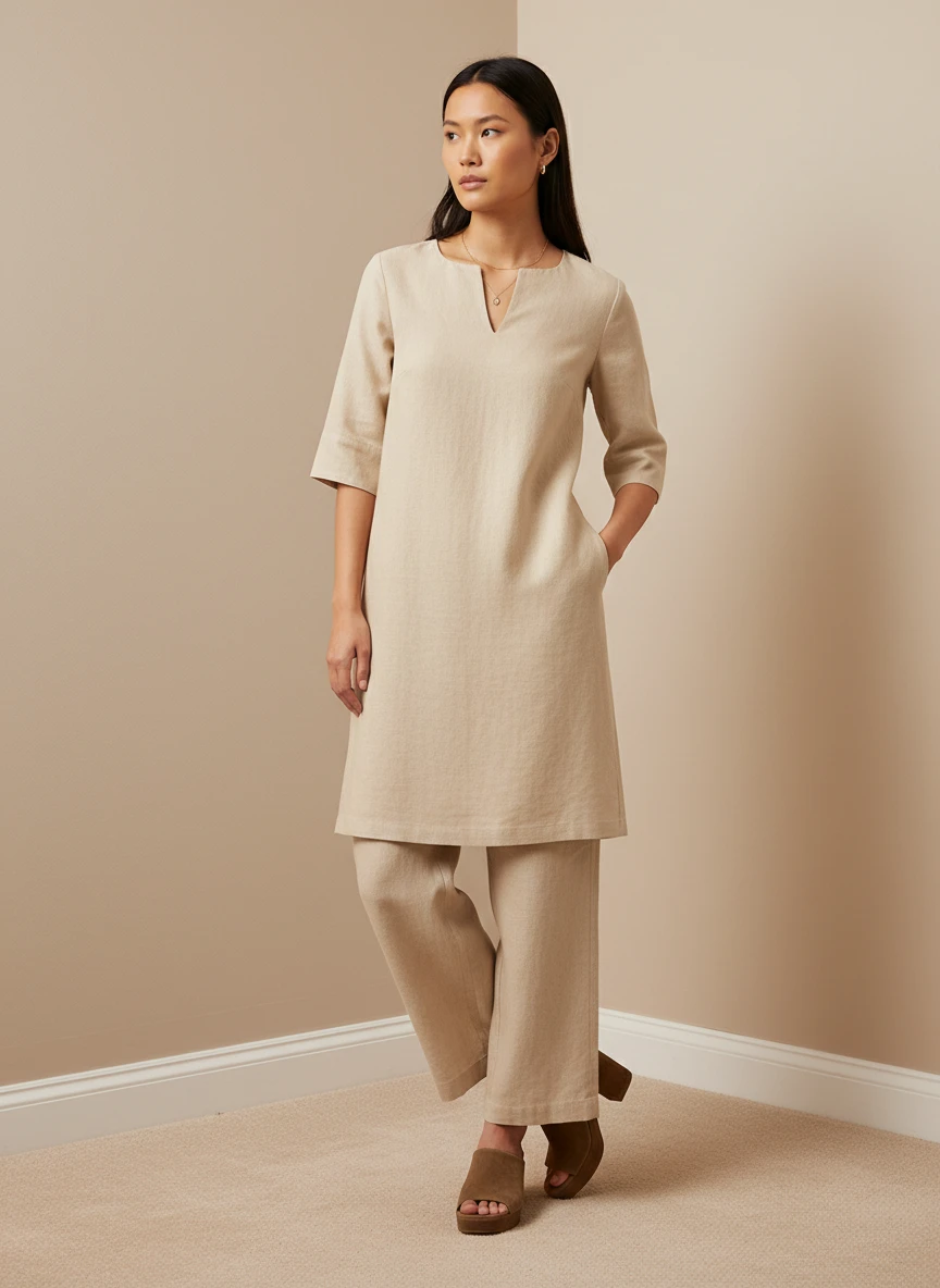 Model standing in a neutral room wearing a beige tunic and matching trousers with brown shoes.