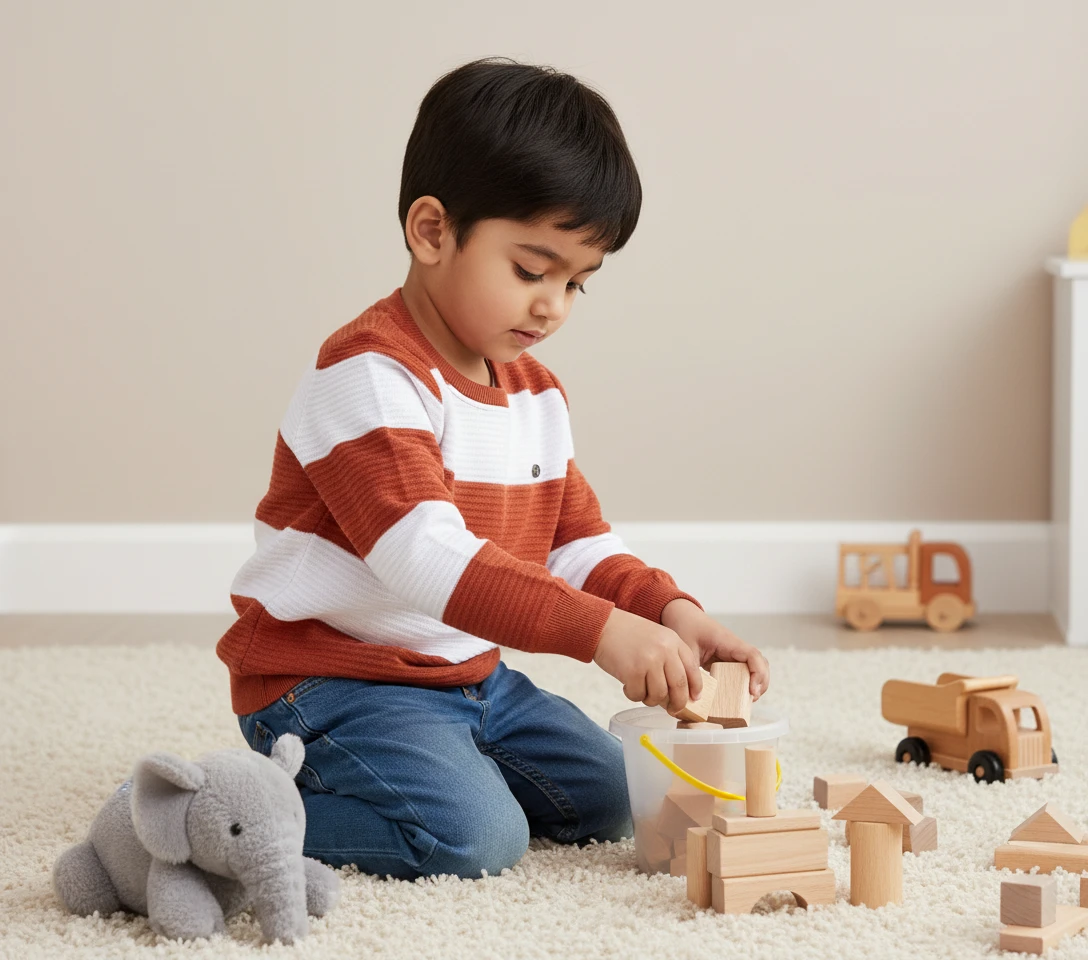 Young boy in a rust orange and white striped long-sleeve sweater and jeans playing with wooden blocks on a white rug.