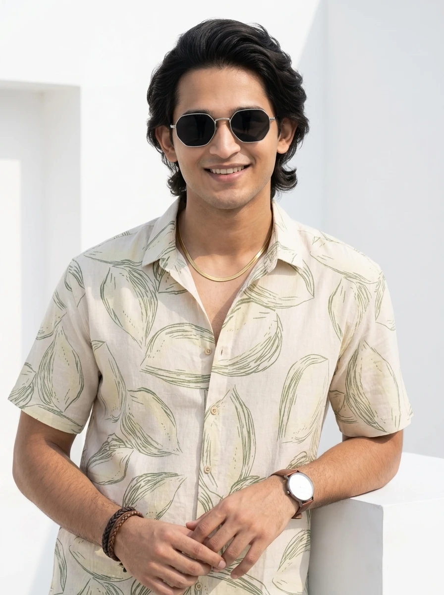 Man wearing a cream short-sleeve button-down shirt with a green leaf print, sunglasses, and accessories against a white wall.