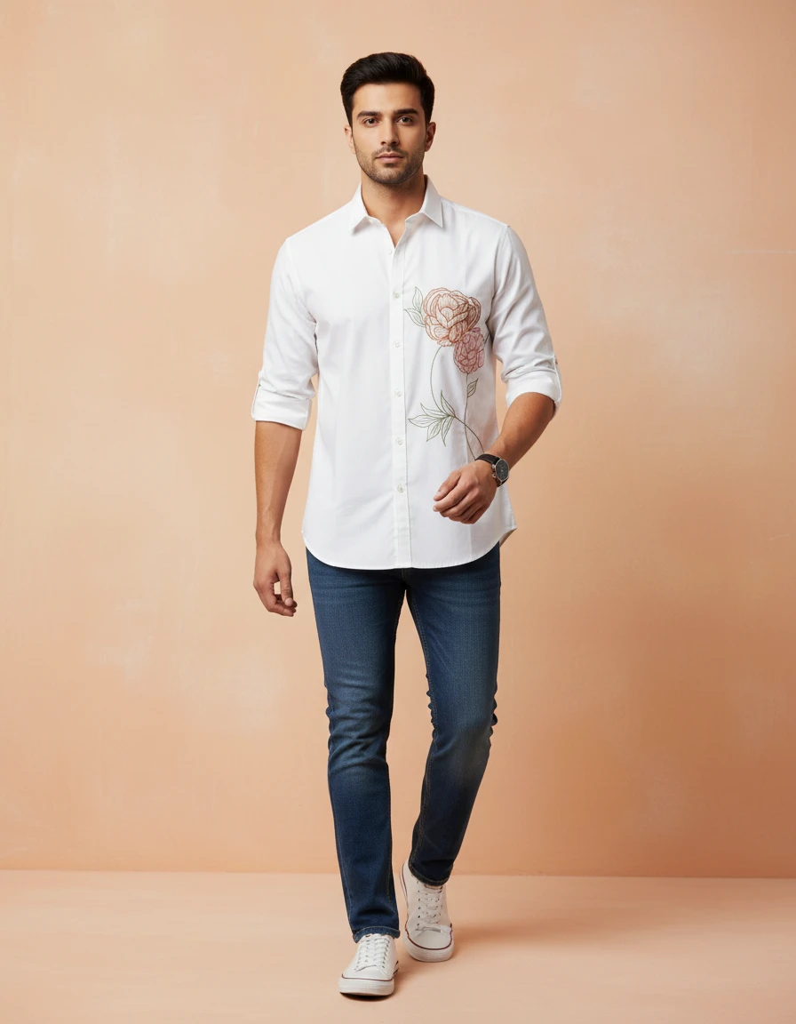 Man wearing a white button-down shirt with floral embroidery on the chest, paired with blue jeans and white sneakers.