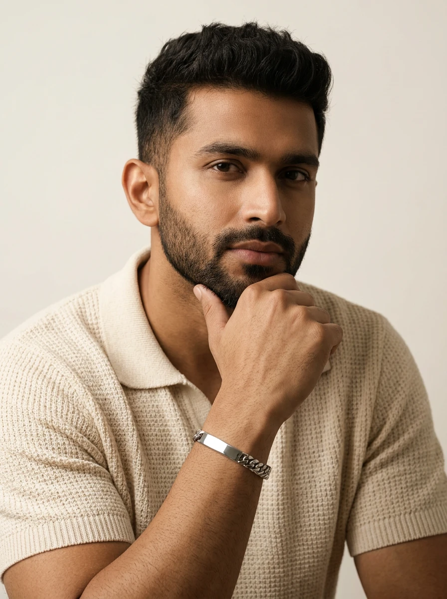 Studio AI photoshoot on a model of a metal chain bracelet, for a bracelet brand selling on marketplaces