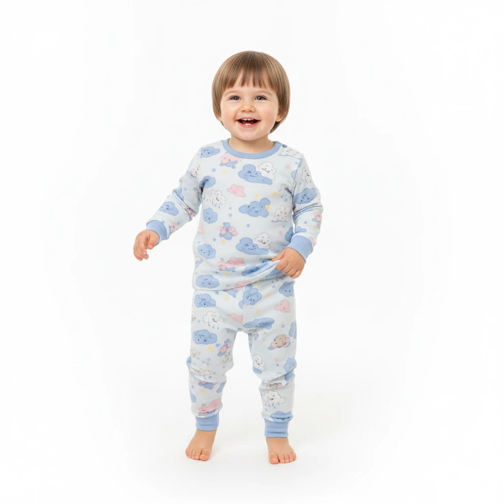 Toddler smiling while wearing a long-sleeve light blue pajama set with a pastel cloud and star pattern against a white background.