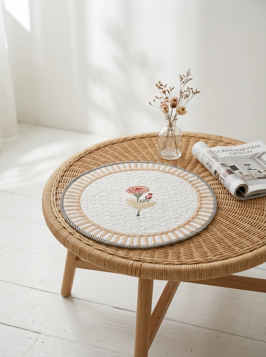 Round quilted fabric placemat with embroidered flower on a woven rattan coffee table.