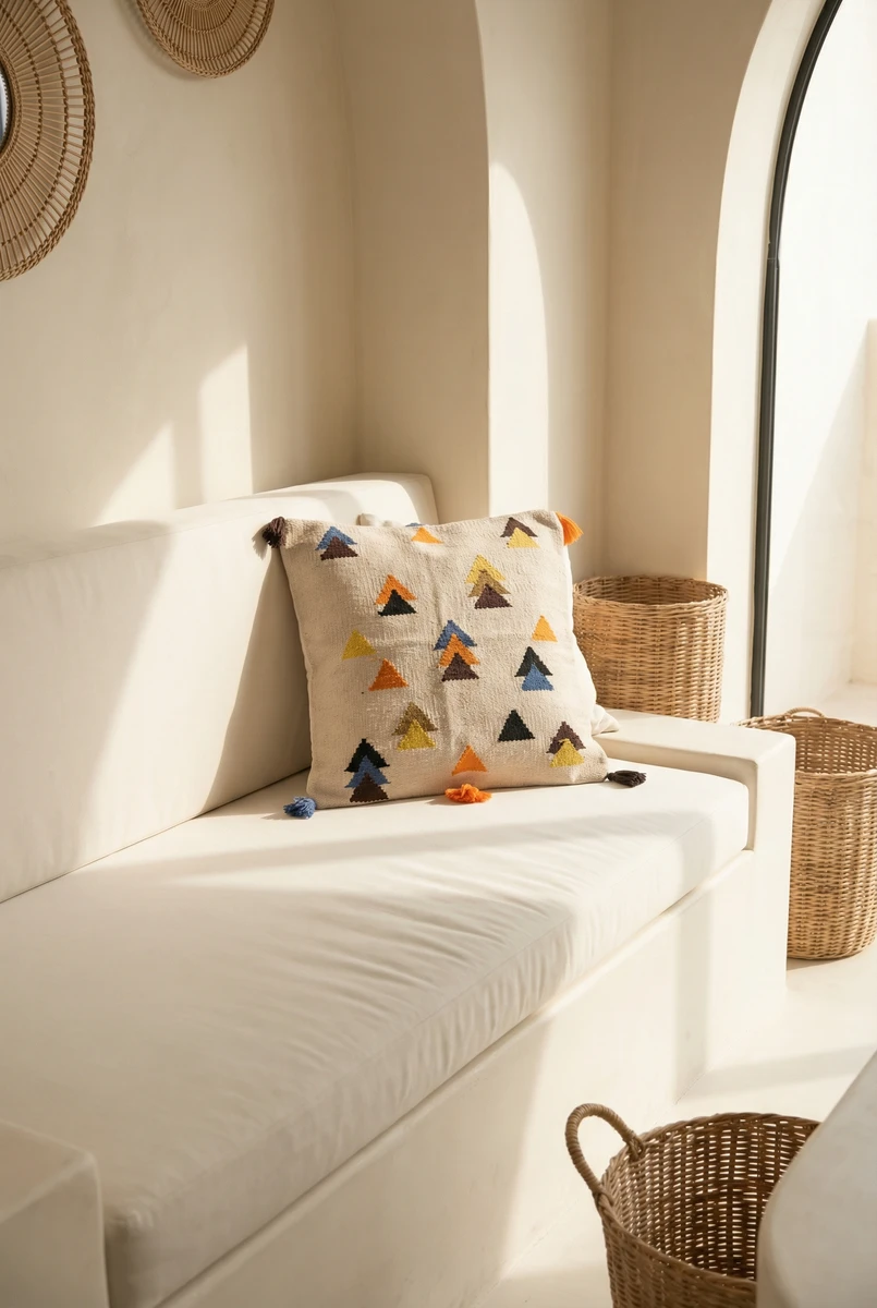 Sanskruti cushion featuring colorful embroidered triangles on a beige textured fabric, placed on a white sofa.