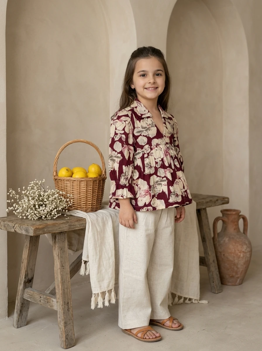 Young girl wearing a maroon floral blouse and light trousers standing by a wooden bench.
