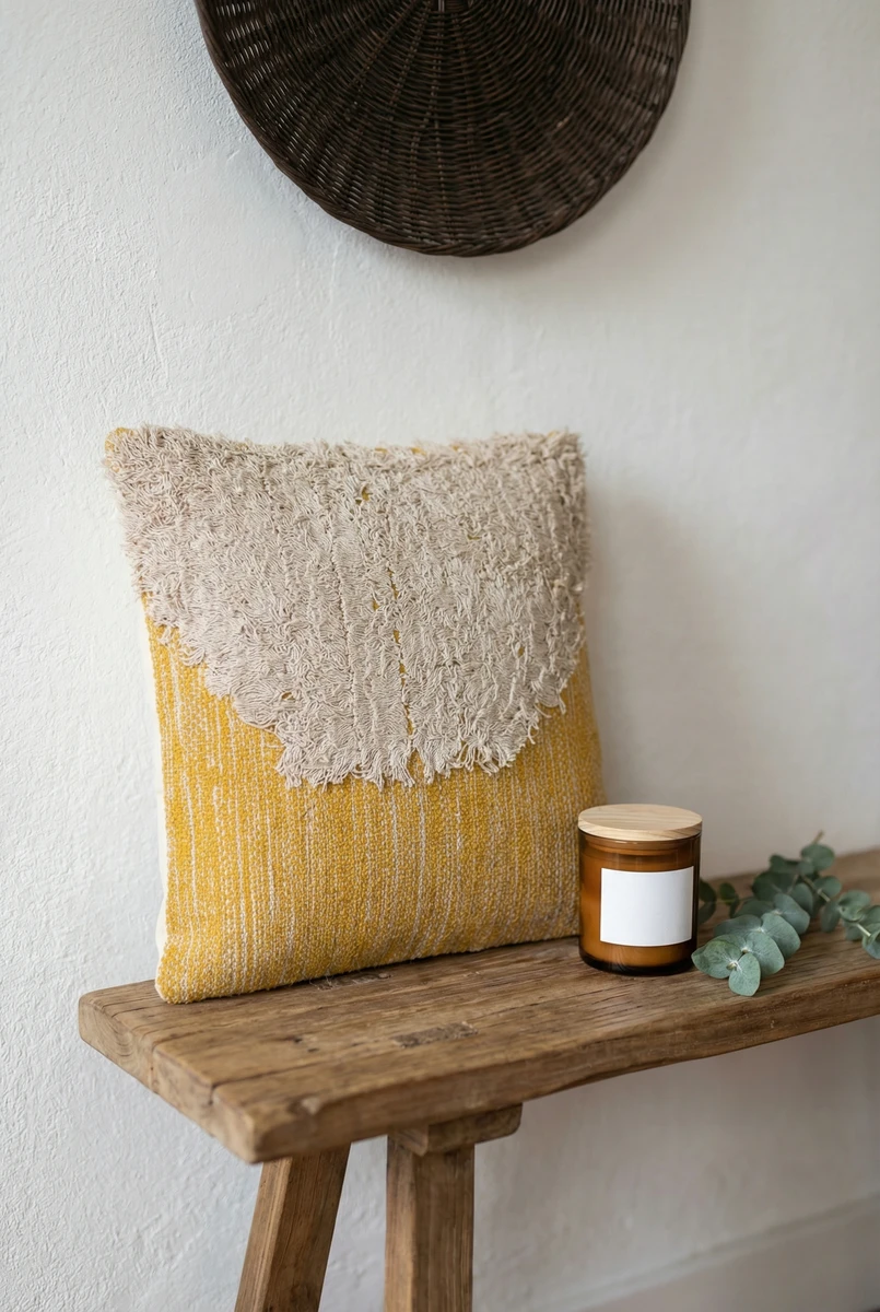 Square Sanskruti cushion with mustard yellow textured base and layered cream fringe detailing sits on a rustic wooden bench.