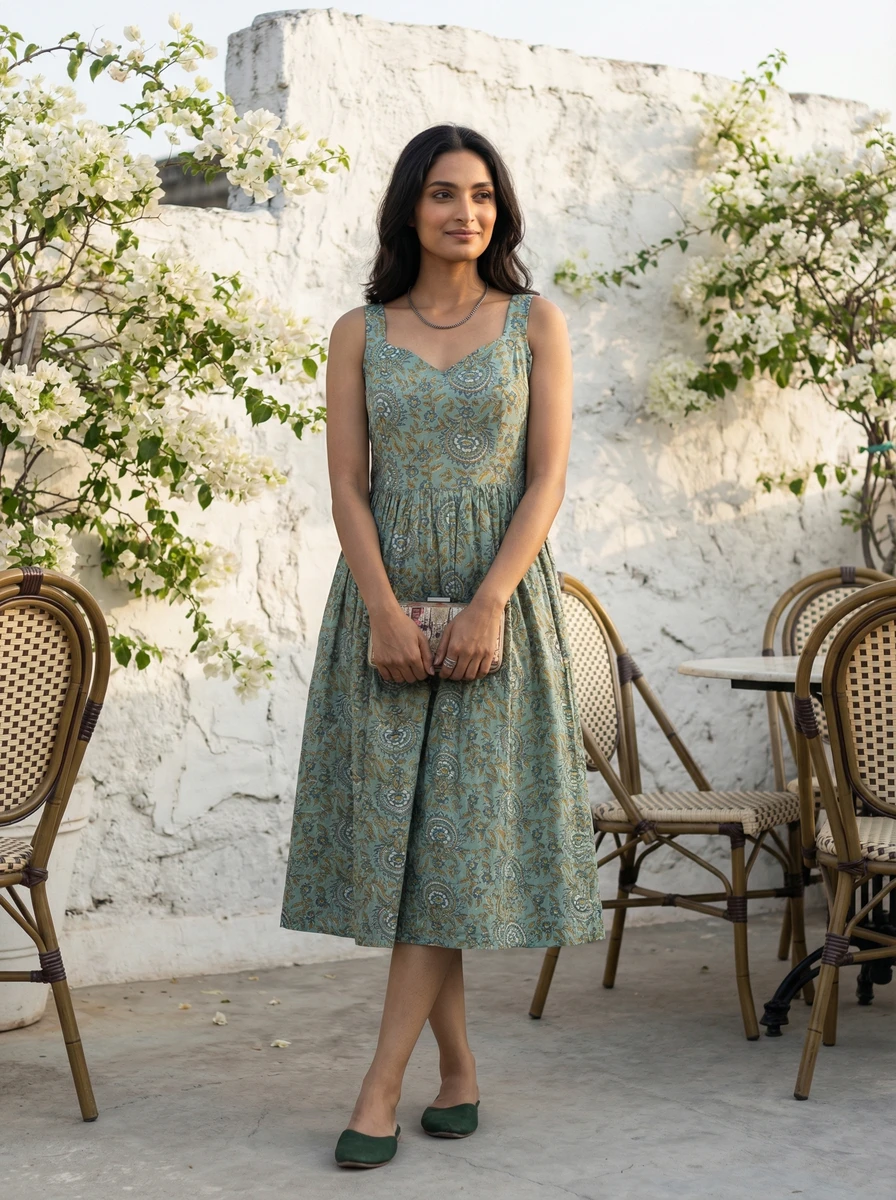 A woman stands in a green floral midi dress holding a small clutch, outdoors near white walls and chairs.