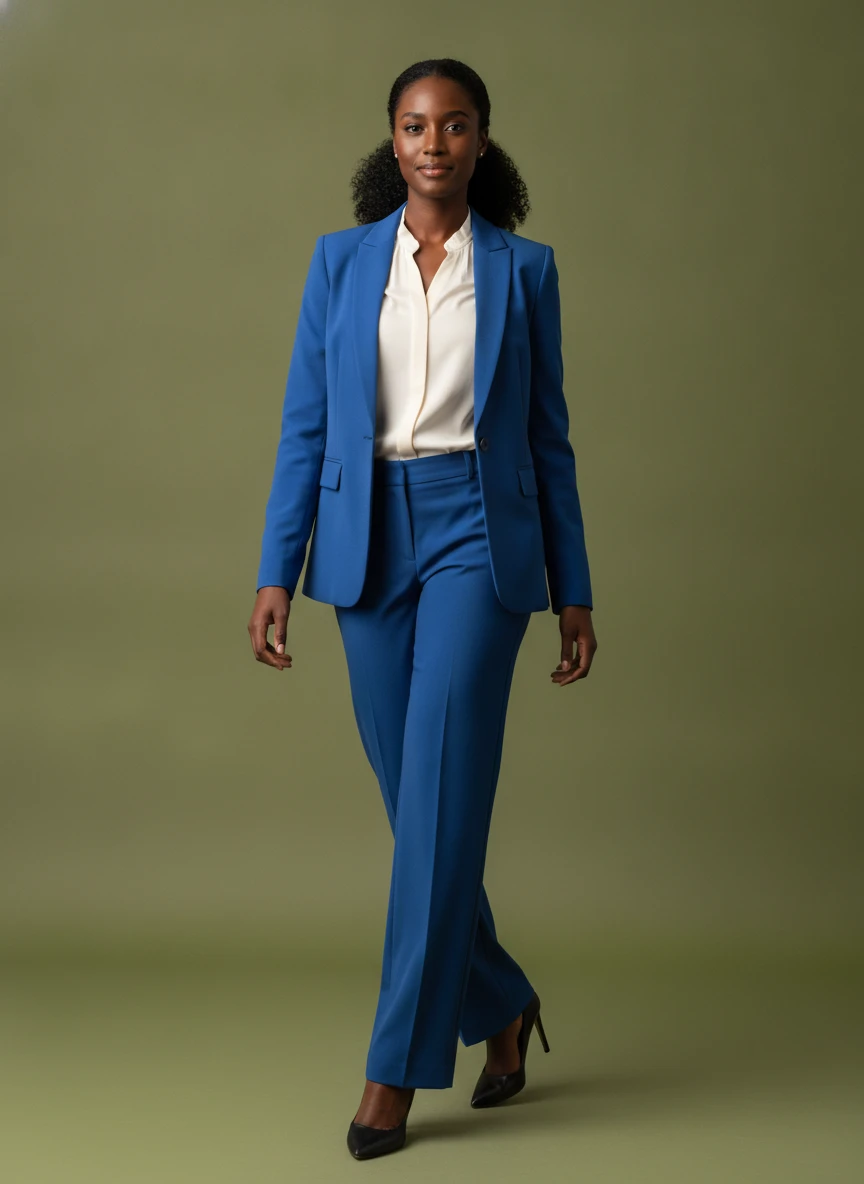 Model wearing a blue pantsuit with a white blouse against a green backdrop.