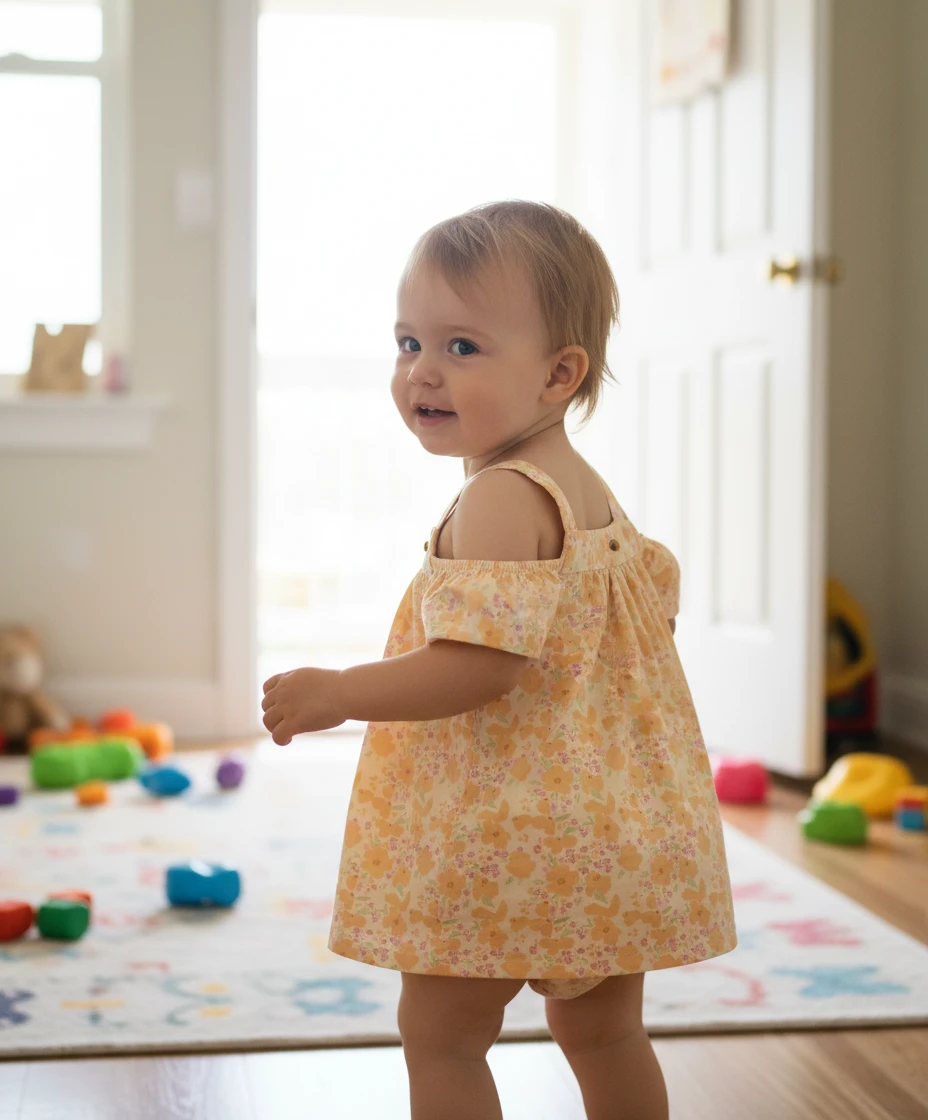 Toddler wearing a pale yellow floral cold-shoulder dress in a sunlit playroom.