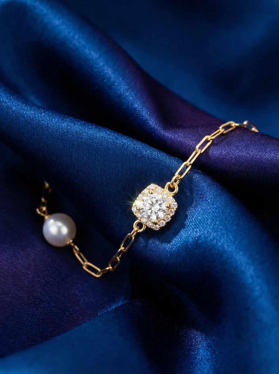 Indoor AI photoshoot of a gold chain bracelet with a square diamond and pearl, for a bracelet brand selling on marketplaces