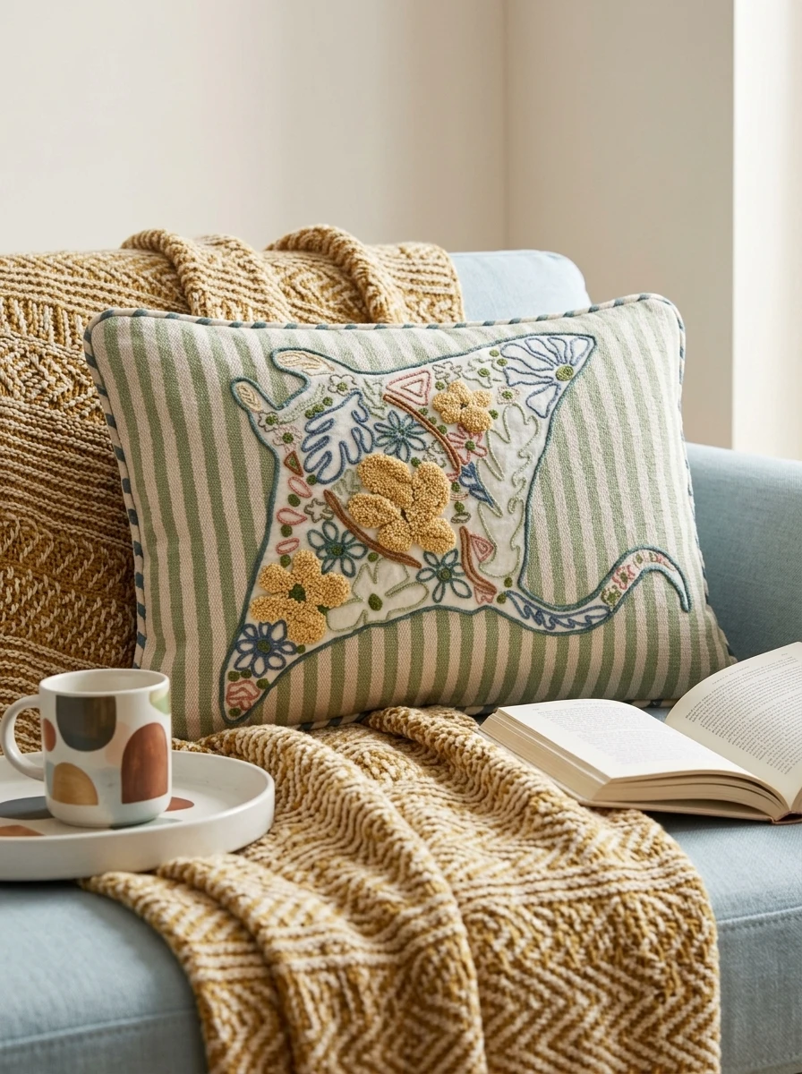 Green and white striped cushion with embroidered stingray design resting on a blue sofa.
