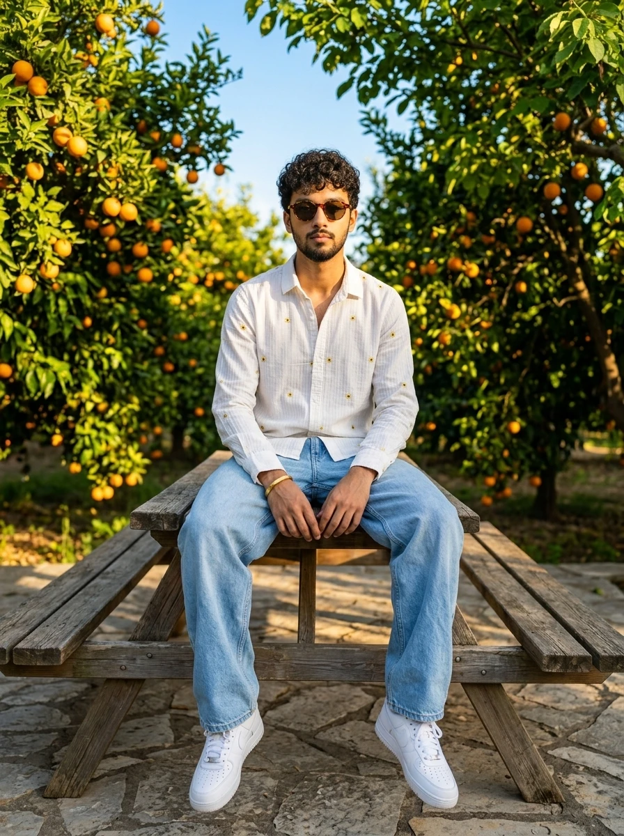 Man wearing a white embroidered shirt and light blue jeans sitting on a wooden bench outdoors in an orange orchard.