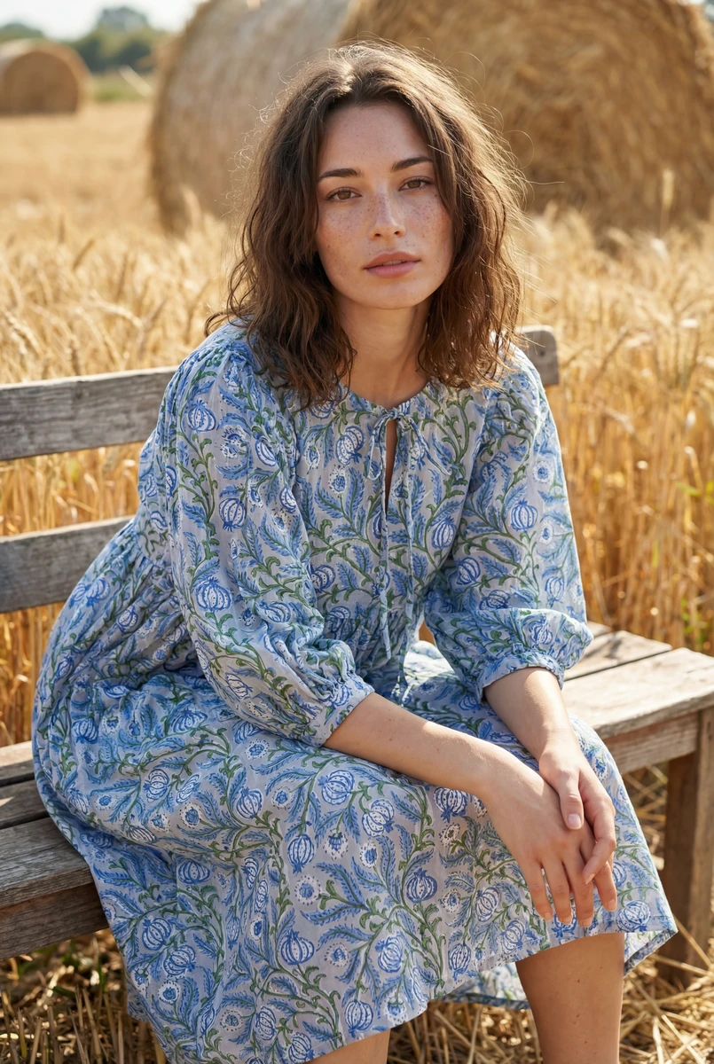 A woman wearing a blue and white patterned long-sleeve midi dress sits on a wooden bench outdoors in a wheat field.