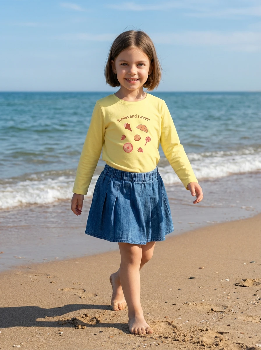 Girl in a yellow long-sleeve graphic shirt and denim pleated skirt walking barefoot along the ocean shoreline.