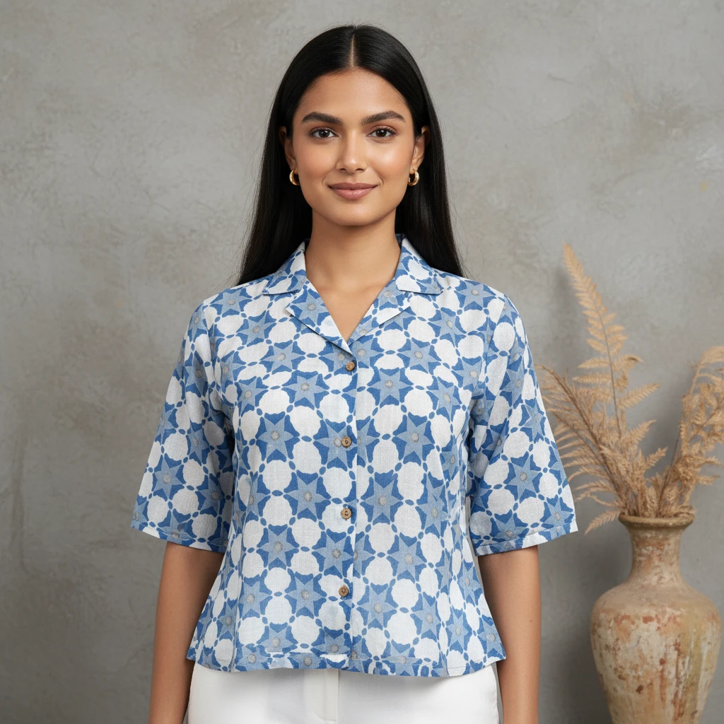 A woman wearing a short-sleeved blue and white patterned collared button-down shirt against a grey wall.