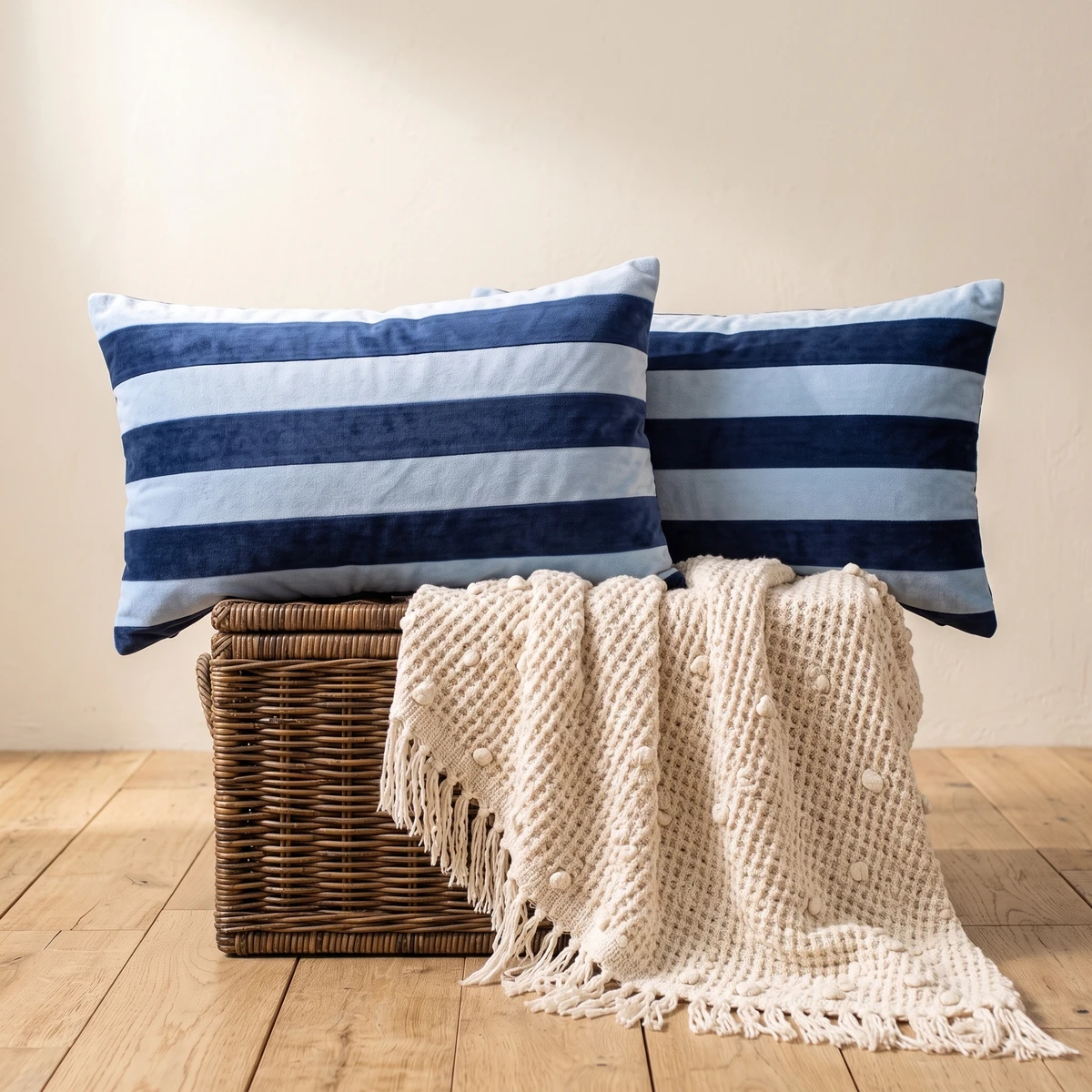 Two rectangular blue and light blue striped velvet cushions resting on a wicker basket with a cream throw blanket.
