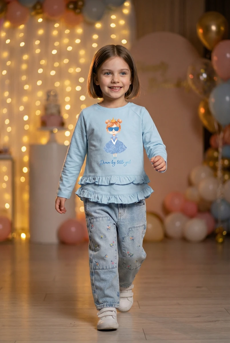 Young girl smiling while wearing a light blue long-sleeve ruffled shirt and light wash embroidered jeans for kids.