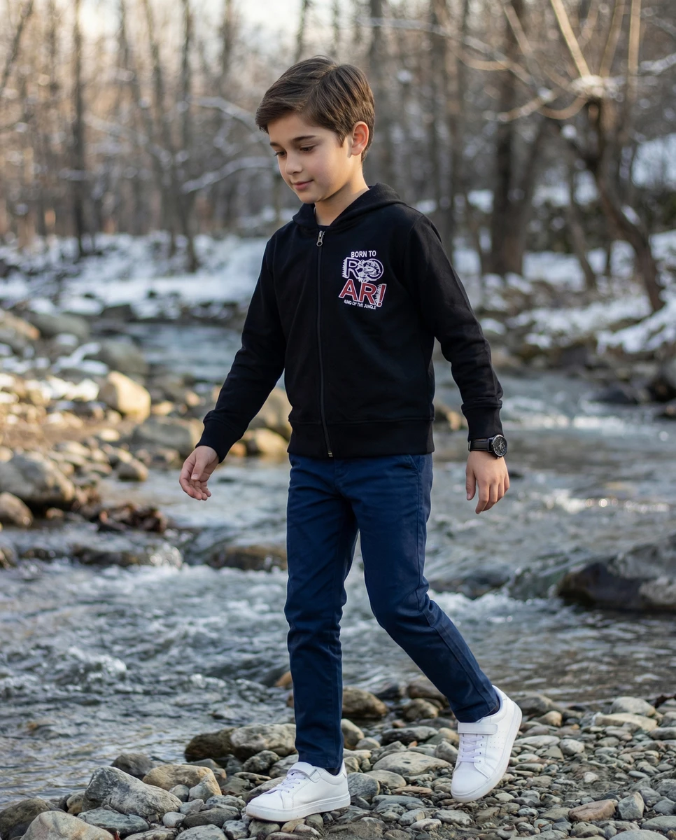 Young boy walking along a snowy riverbank wearing a black hooded jacket and blue pants.