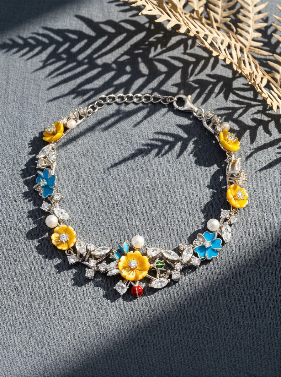 Indoor AI flat-lay photoshoot of a floral charm bracelet, for a bracelet brand selling on marketplaces