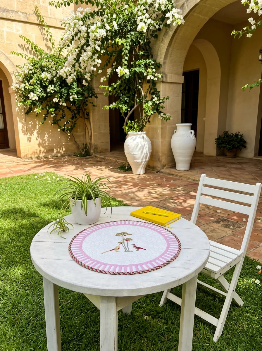 Round quilted table mat with pink border and bird motif on a white wooden table outdoors.