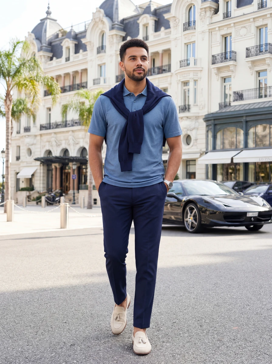 Man walking on a city street wearing a blue polo shirt, navy trousers, and beige loafers, with a sweater draped over his shoulders.