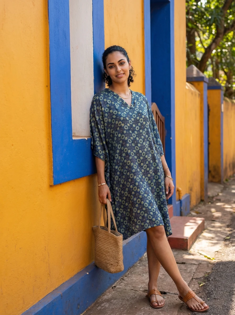 Woman wearing a patterned blue V-neck dress leaning against a yellow and blue wall holding a woven bag.