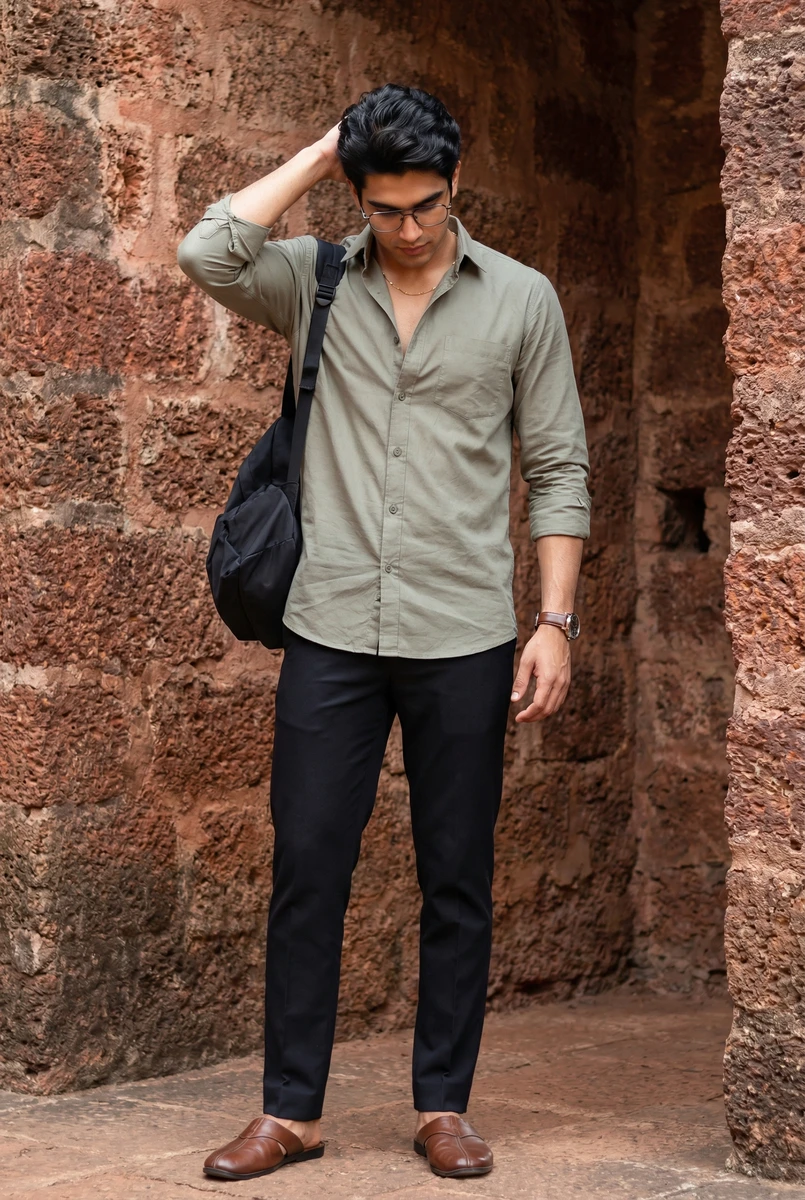 Man wearing an olive green button-down shirt and black trousers standing in a stone archway.