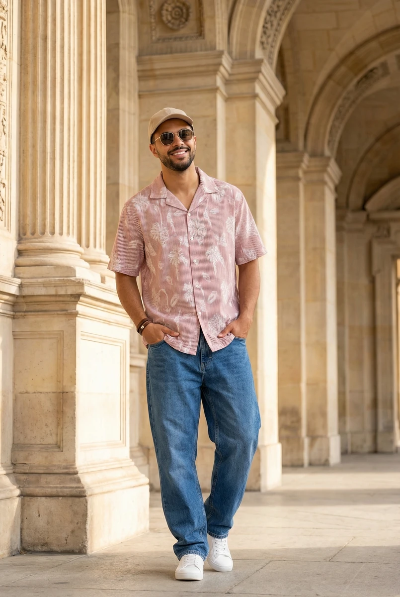 Man wearing a short-sleeve patterned pink shirt and blue jeans standing outdoors near stone architecture.