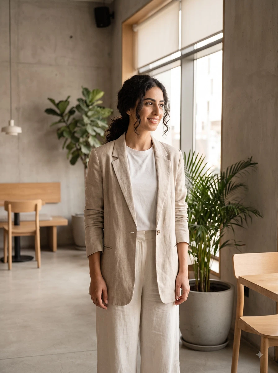 A smiling woman wearing a beige linen blazer and pants with a white t-shirt, standing in a brightly lit modern cafe.