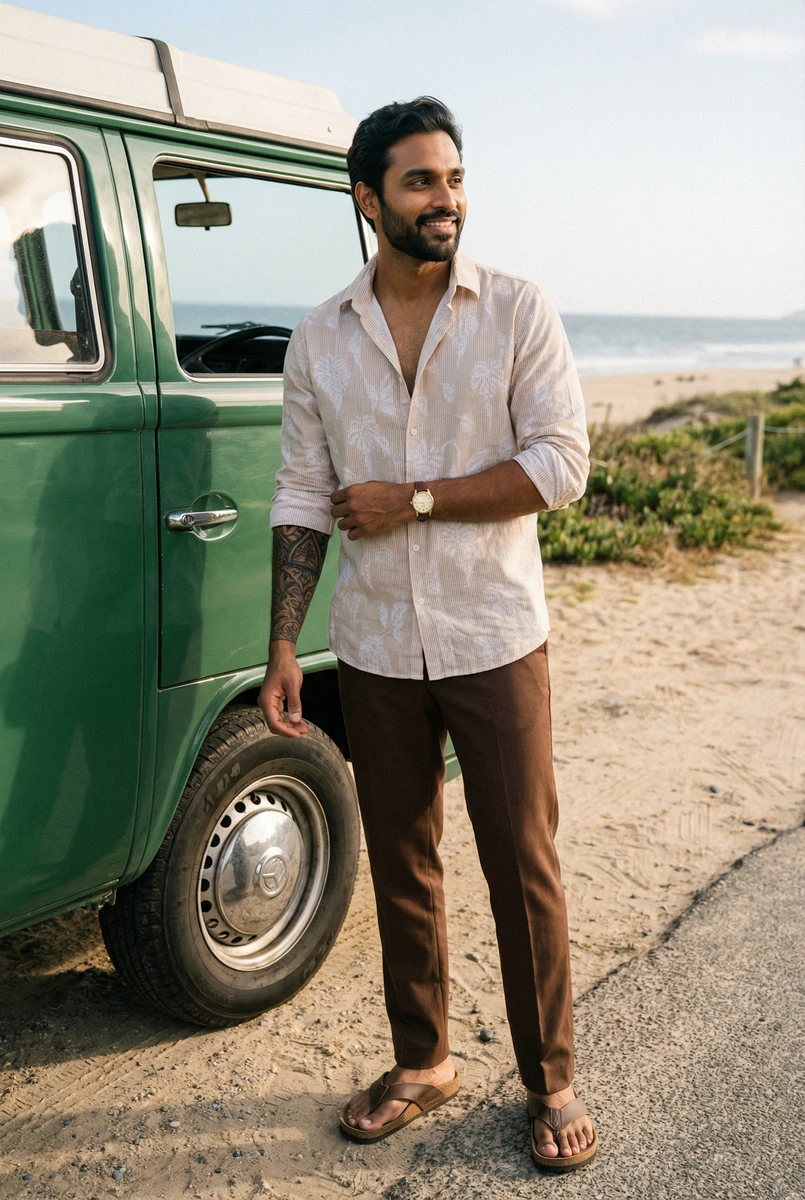 Man standing beside a green van on the beach wearing a patterned cream shirt and brown trousers.