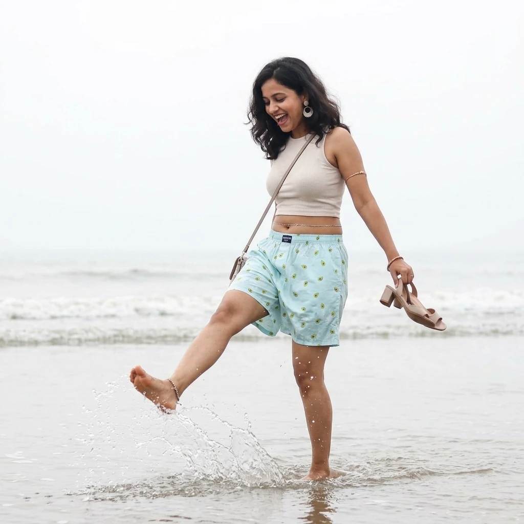 Woman in a beige sleeveless crop top and avocado print light blue shorts splashes in the ocean waves on a beach.