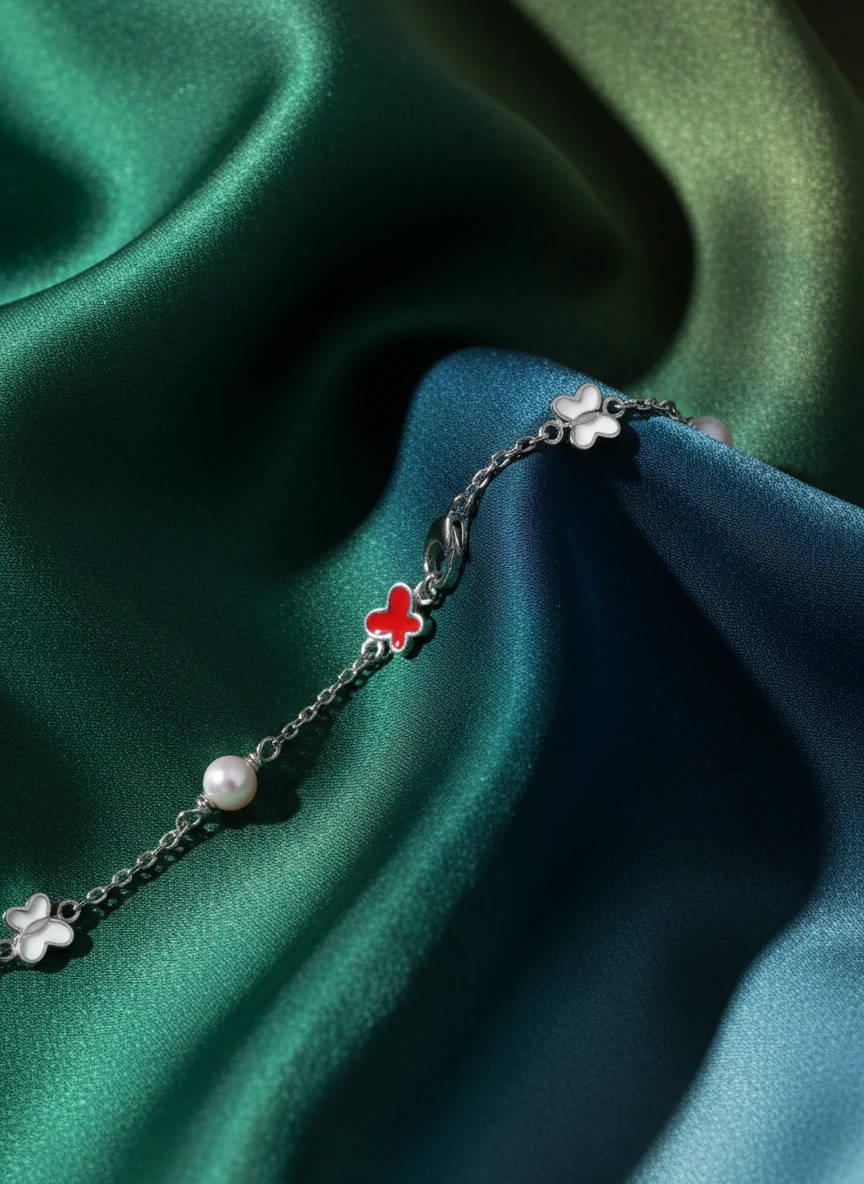 Outdoor AI flat-lay photoshoot of a butterfly bracelet on silk fabric, for a bracelet brand selling on marketplaces