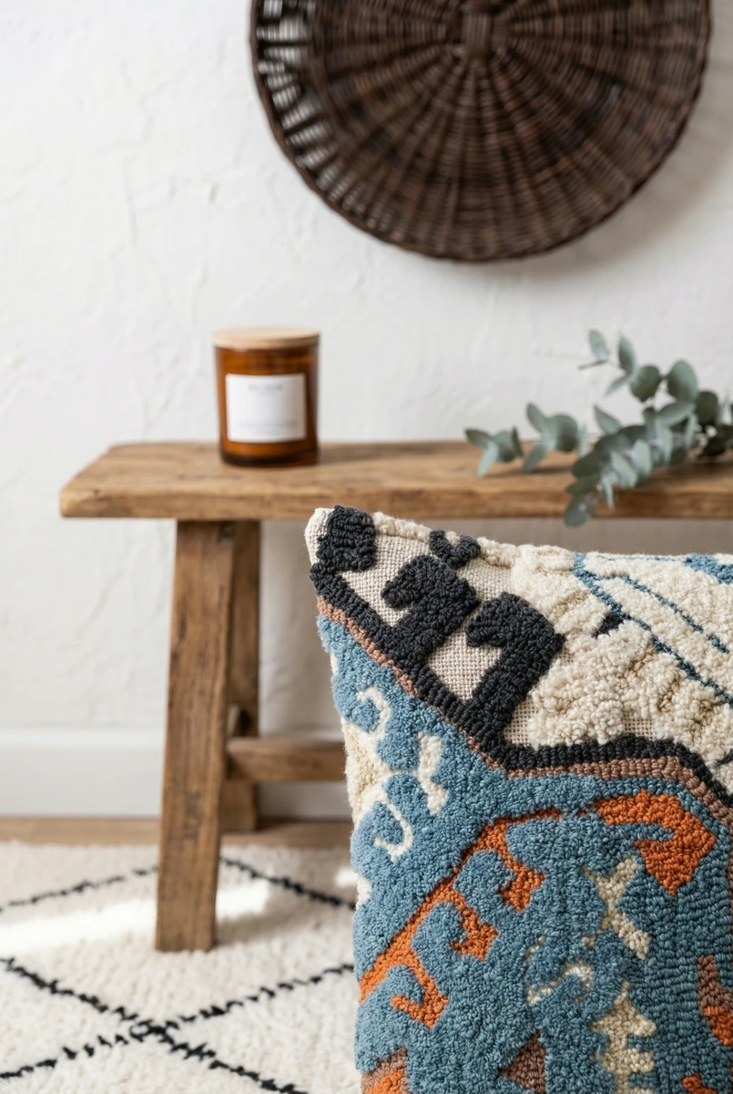 Sanskruti cushion featuring blue and orange textured embroidery on a cream fabric, set near a wooden bench.