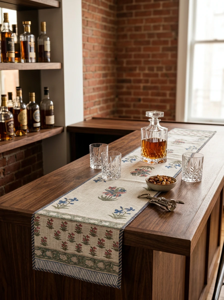 Table runner with floral print on a wooden bar counter with a decanter, crystal glasses, and exposed brick.
