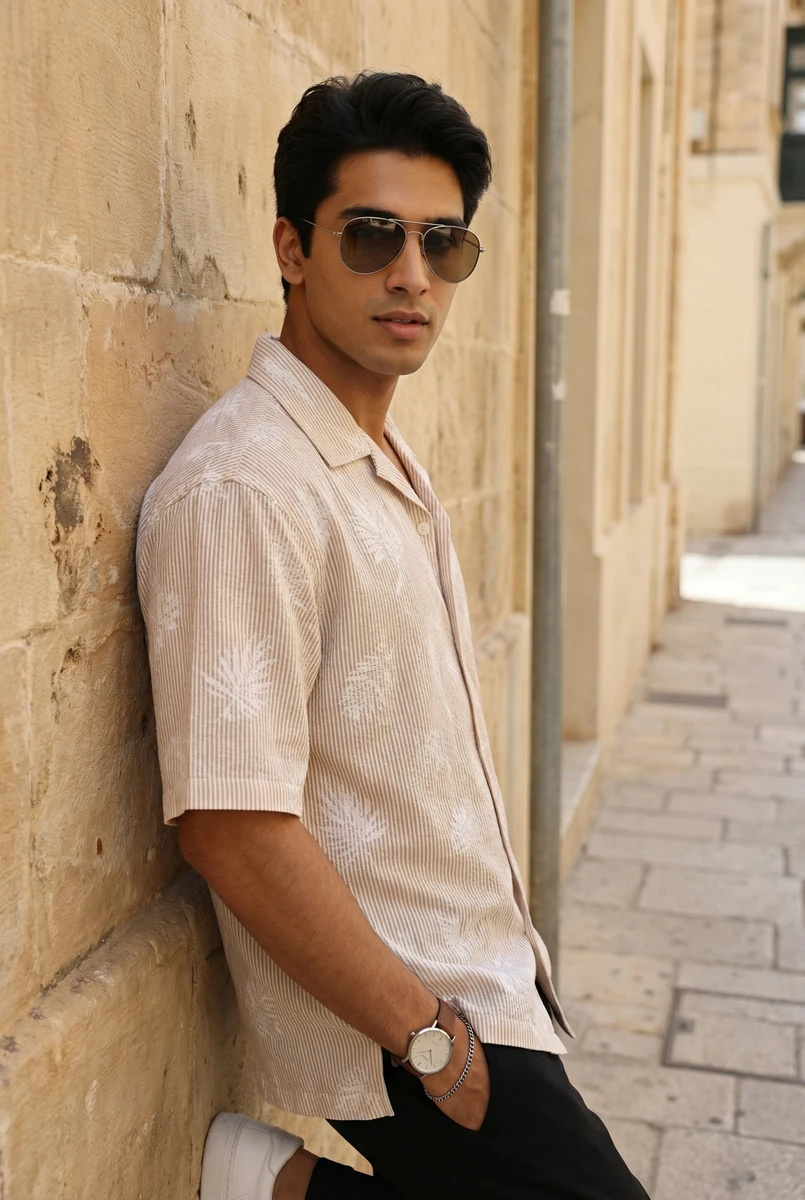 Man wearing a cream patterned short sleeve shirt leaning against an old stone wall outdoors.